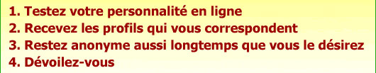 1. Testez votre personnalité en ligne - 2. Recevez les profils qui vous correspondent - 3. Restez anonyme aussi longtemps que vous le désirez - 4. Dévoilez-vous